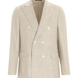 Regular fit dubbelknäppt kavaj i ull och silke peanut beige Regular fit dubbelknäppt kavaj i ull och silke peanut beige