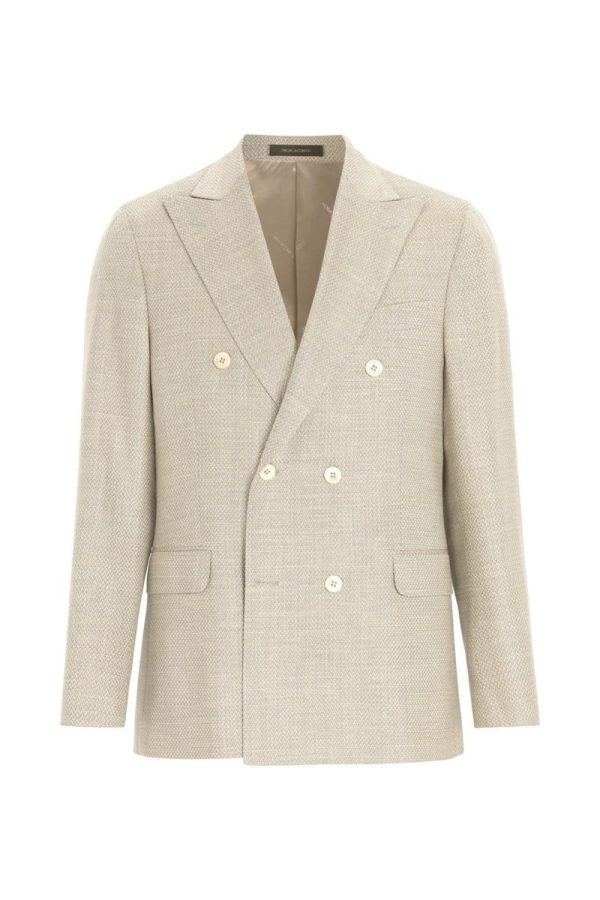 Regular fit dubbelknäppt kavaj i ull och silke peanut beige