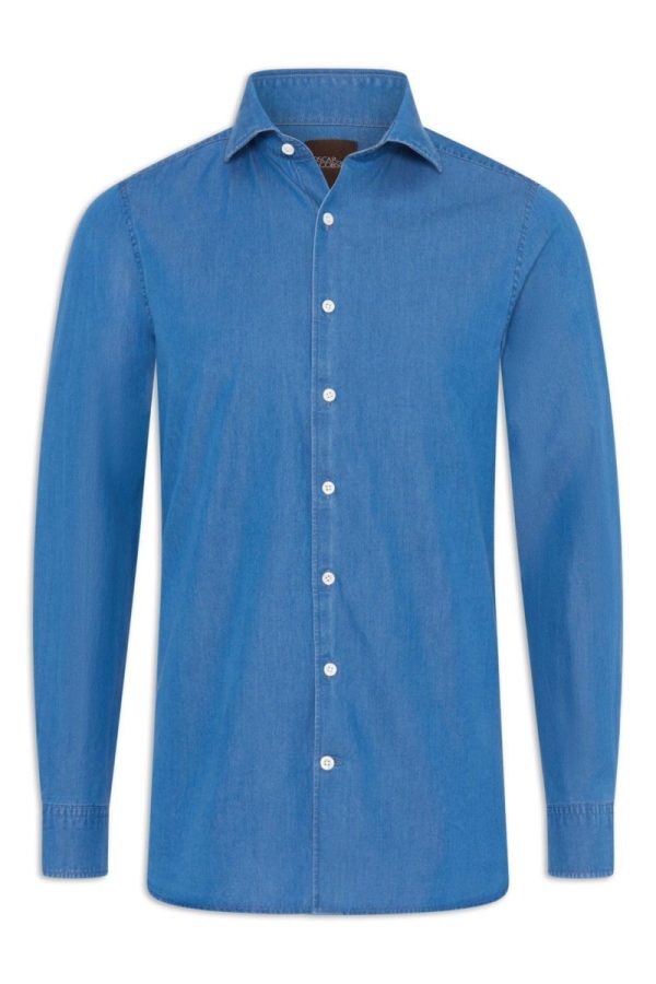 Slim fit cut away jeansskjorta french blue