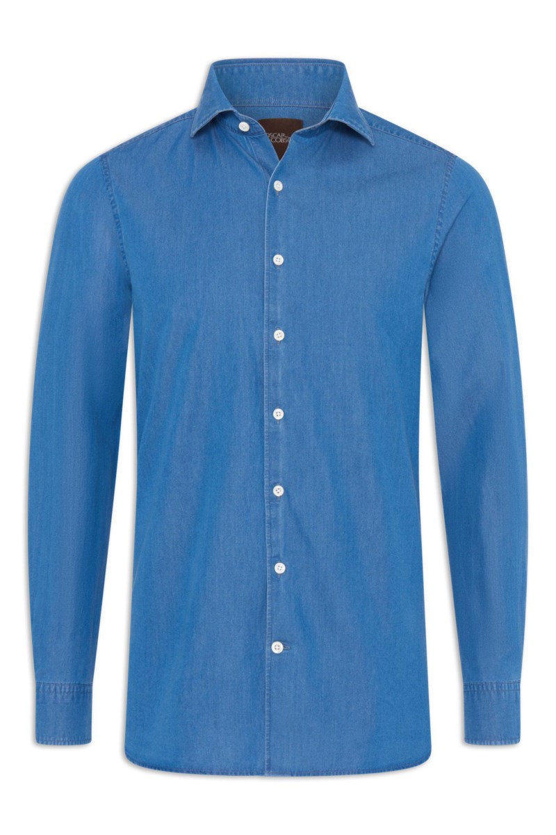 Slim fit cut away jeansskjorta french blue