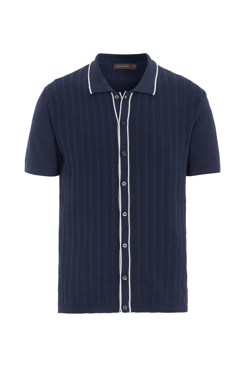 Regular fit stickad bomullskjorta baltic blue